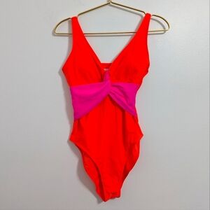 NWOT Pink Lily Small Neon Orange & Pink One-Piece Swimsuit w/ Adjustable Straps